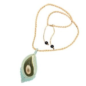 Macrame Mexican Agate Necklace Handmade Brown Black Cream Stone Light Green